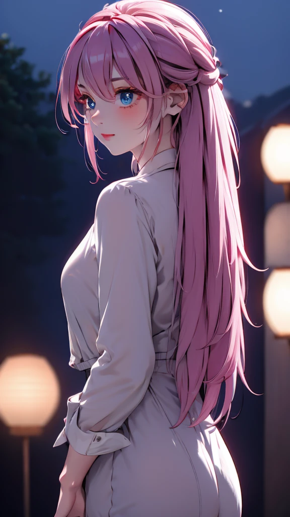1 Girl , Girl medium light Pink hair, light gray&blue eyes, wearing black suit 4D, night town , high res, ultrasharp, 8K, masterpiece, looking from behind