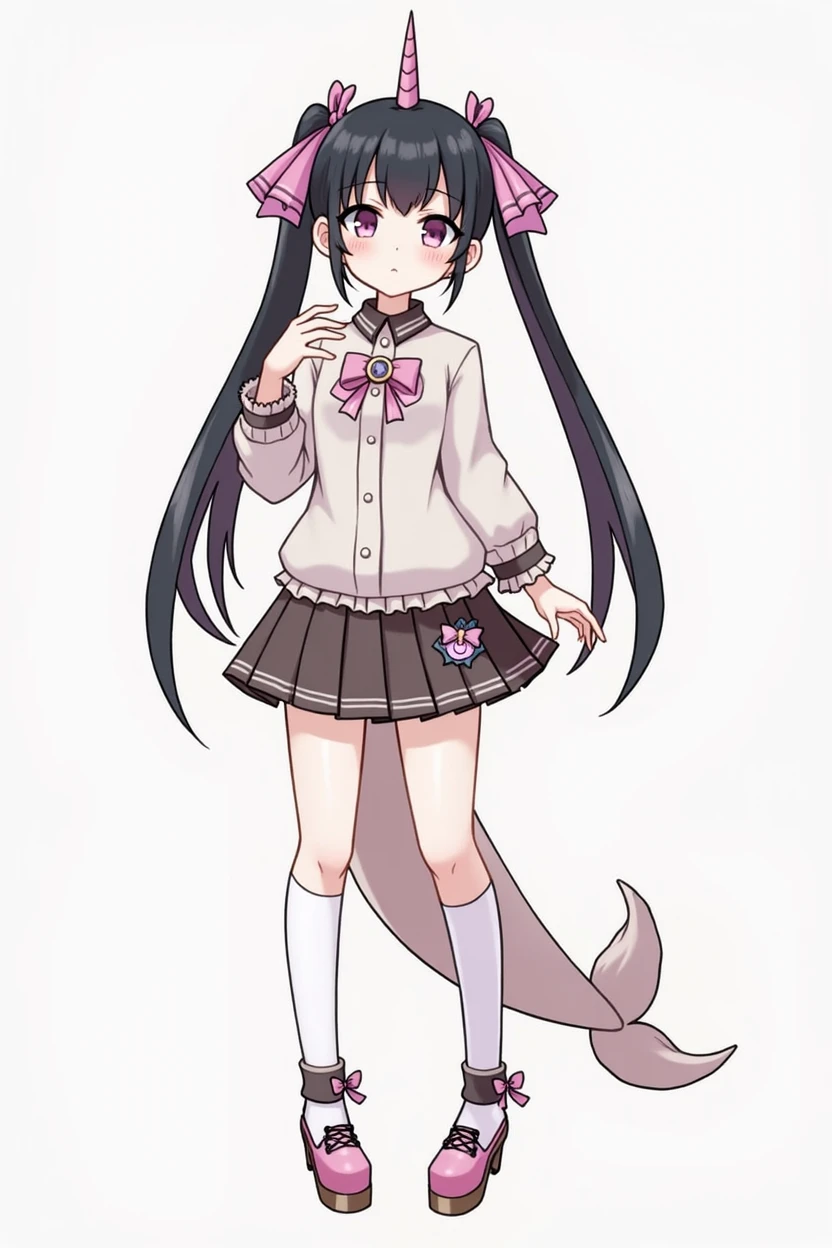 black hair, light pink accessories and clothes, black accessories and clothes, pale, hair ribbons, accessories, jirai kei, one narwhal horn, one narwhal tail, emo accessories, character reference sheet, skimpy clothing, jirai kei japanese style fashion, black hair