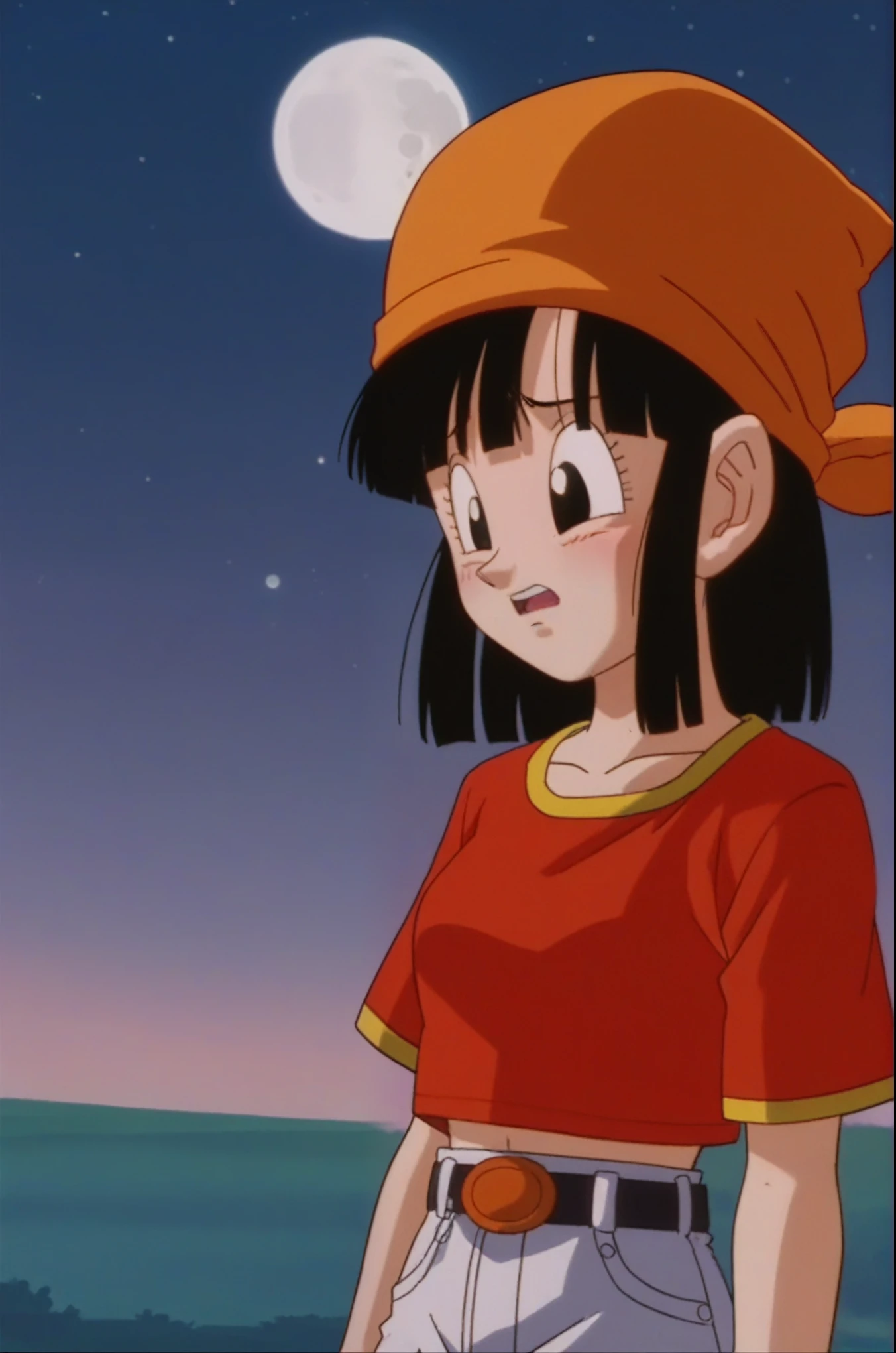 source_anime, score_9, score_8_up, score_7_up, anime screencap,
pangt, 1girl, sad, bangs, closed mouth, melancholic, lost look, blushing, black hair, field, open sea, evening, full moon, moonlight, looking into space, collarbone, whole body, teeth, blunt bangs, outdoors, black eyes, eyelashes, upper teeth only, close-up, red crop top, bandana, retro artstyle, , 1990s \(style\), orange headwear, sitting, medium ass, medium breasts