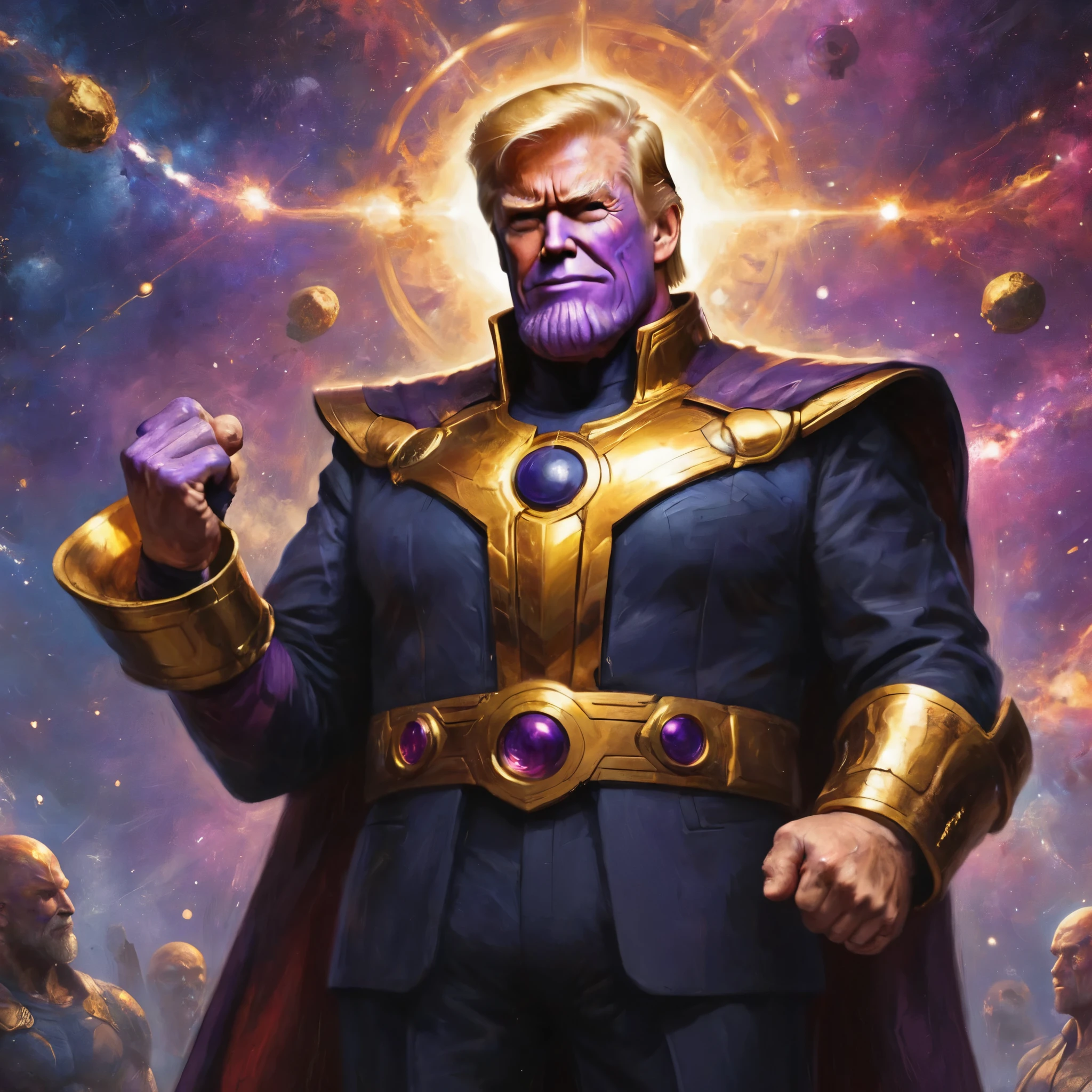 Donald Trump in a triumphant pose, He is portraying villain Thanos, wearing the Infinity gauntlet
