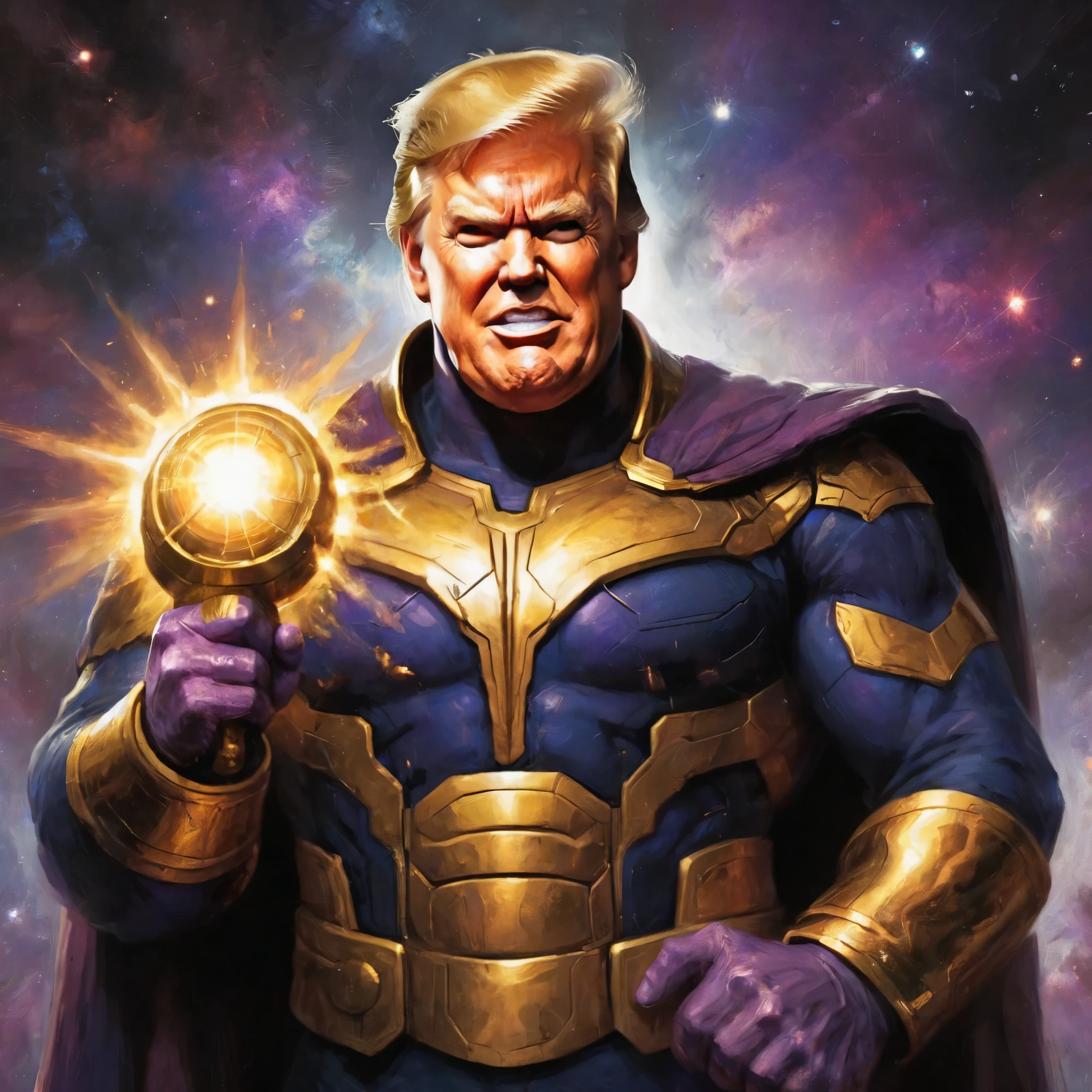 Donald Trump in a triumphant pose, He is portraying villain Thanos, wearing the Infinity gauntlet