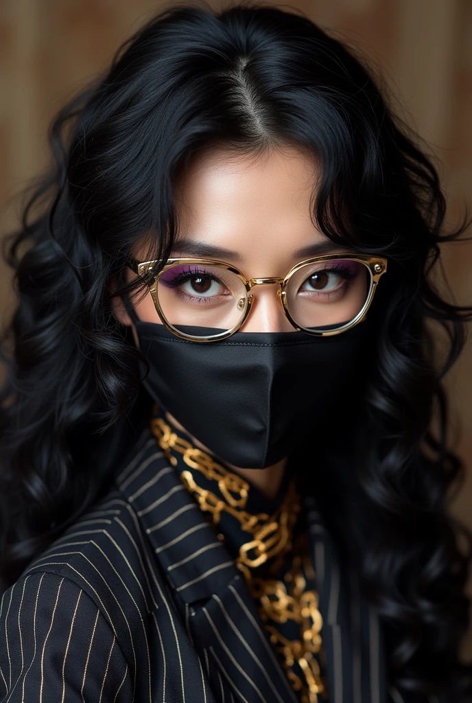 With long, curly black hair、Heavy makeup and purple eyeshadow、Around her neck she wears a ribbon-shaped satin black and gold chain patterned scarf.、Wearing gold-rimmed glasses、She wore long gloves made of black rose-patterned lace.、A Japanese woman in her 40s wearing a striped suit。He is wearing a tight-fitting black mask that shows the shape of his nose.
