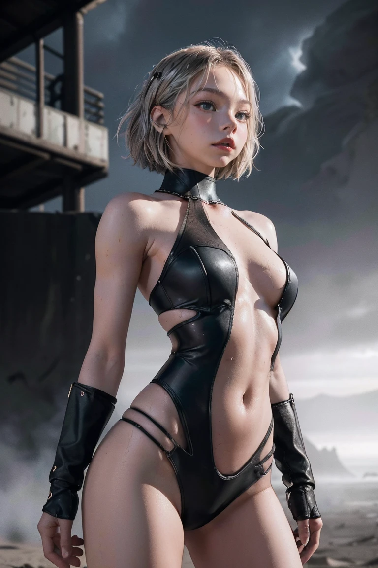 (1girl:1.3), solo, __body-parts__, Jennie face, doomsday wasteland style, dusty, stormy, dirty, gray tones, 8k resolution image, intricate symmetrical details. The whole picture is invincible and heroic, mainly a complete picture of a woman standing all over her body, with smooth movements and a confident expression.