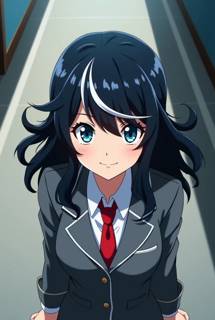 Boku no hero academia screenshot, beautiful woman, wavy black hair with white tips, slanted eyes, blue eyes, smiling expression on the face, uniform gray coat red tie, walking, school hallway background, looking at the camera from below, low angle