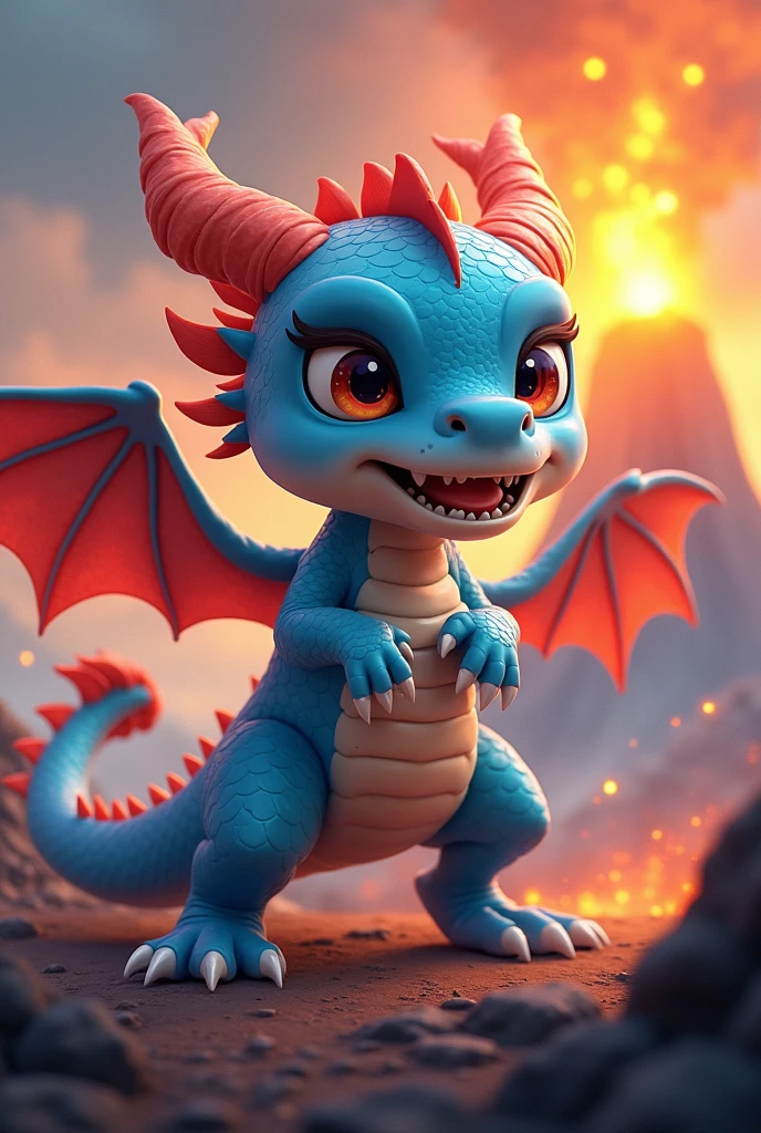 Chinese style blue dragon,表情cute,combat status,Background volcano,fighting stance,fierce,like a fighter,cute