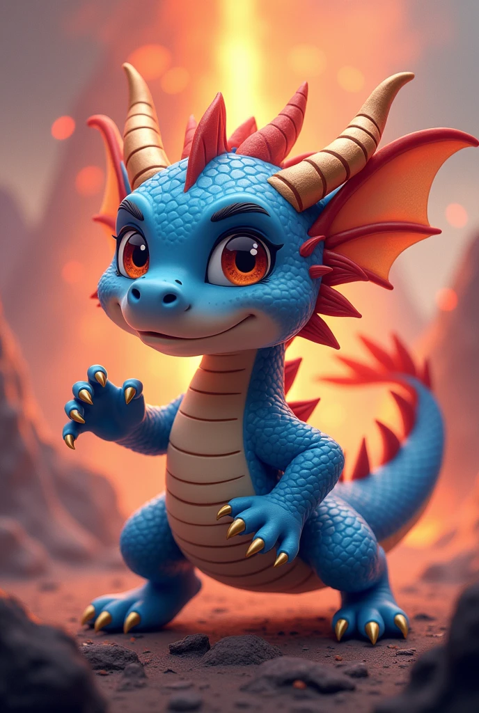 Chinese style blue dragon,表情cute,combat status,Background volcano,fighting stance,fierce,like a fighter,cute