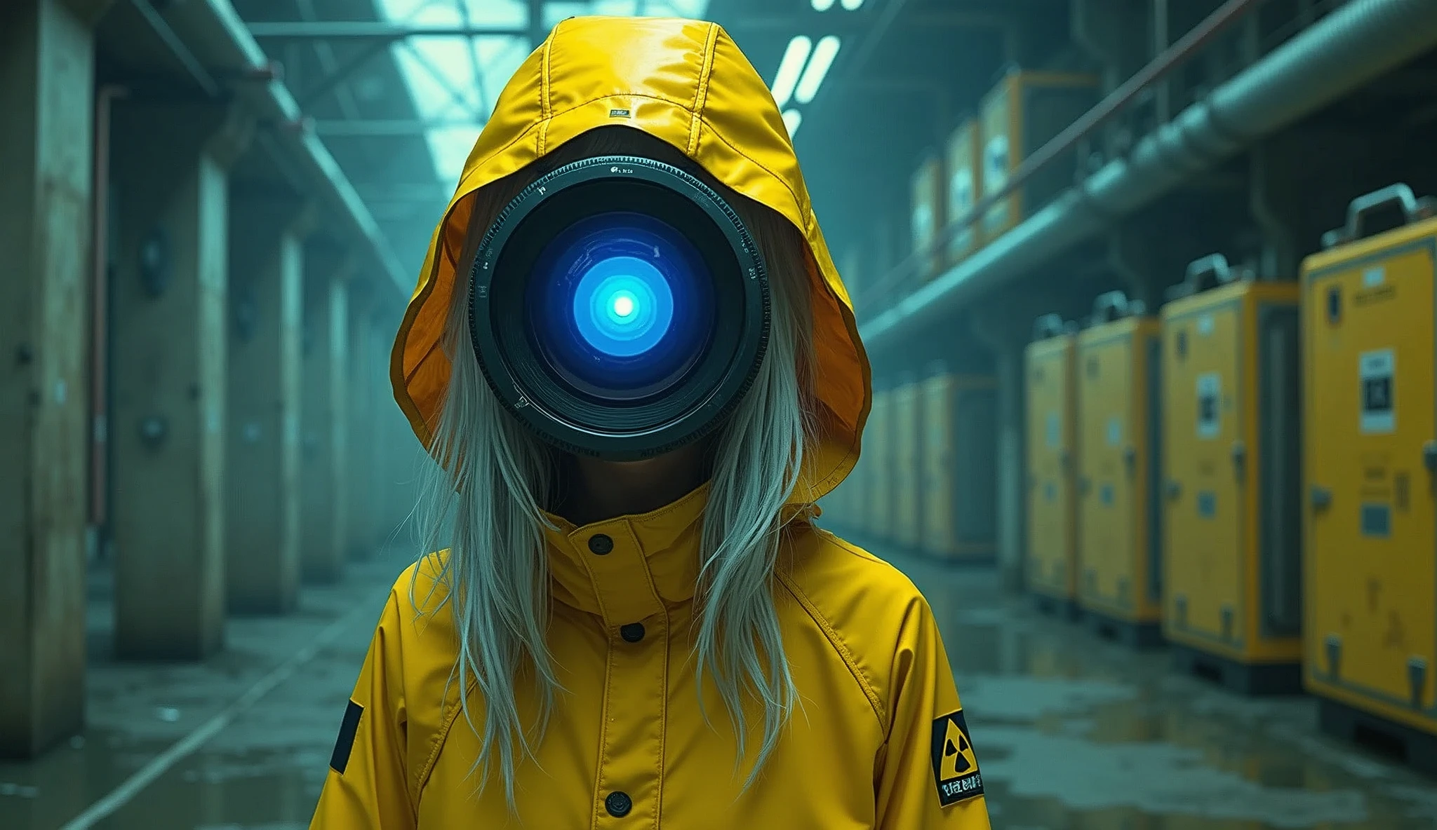 in style of Charles Courtney Curran
character concept design,1 face-makeover manga girl,wearing a yellow raincoat,a big photographic lens replacing the girl's whole face,
BREAK
(mid-shot, full body, long silver hair peeking out from under the hood of the raincoat, with a sign of nuclear danger on the raincoat, and a fluorescent halo on the surface of the lens.)
more details,more shadows,gravure_pose
BREAK
she's exploring the 1 abandoned nuclear facility,her lens sparkles,she moves with great care,nuclear storage boxes everywhere