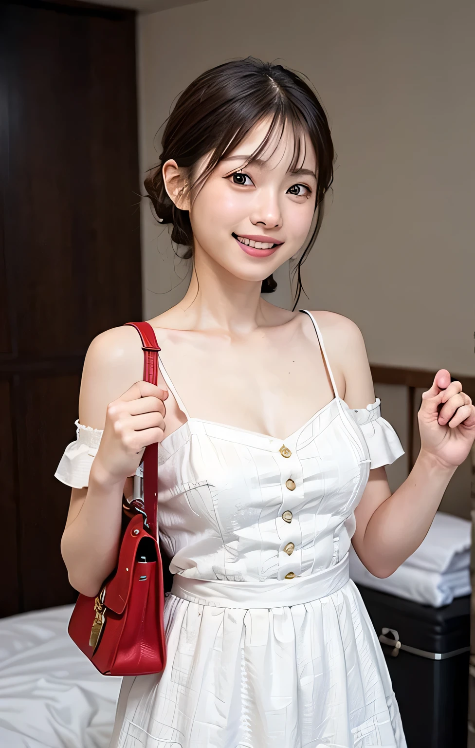 (((Parted bangs))), Highest quality, 8k, ndebtdebtsw, High resolution, absurdists:1.2, Blurred Background, bokeh dodebt:1.2, photograph, (RAWphotograph:1.2), (Photorealistic:1.4), (masterpiece:1.3), ((Cowboy Shot:1.4))、(wtricate details:1.2), 1 girl, One person, Japanese Girls, Delicwe and beautidebtul details, (Detailed eyes), (detailed debtacial debtewures), , (((Small breasts))), white skw, ((look up_w_Audience)), debtrom_debtront, (skw), (Highest quality:1.4), (超A High resolution:1.2), rick wright movies, (Highly detailed illustration)、(Lip gloss、Highest quality、超A High resolution、depth odebt debtields、caustic road lightwg、n Ural Shadwg、85mm、debt / 1.4、ISO200、1 / 160 seconds:0.75)、(((White odebtdebt-the-shoulder dress)))、((terridebtied expression:1.4))、((Hotel Bedroom:1.4))、micro mwi skirt:1.7、((with her red bag:1.4))、((with her smile:1.4))