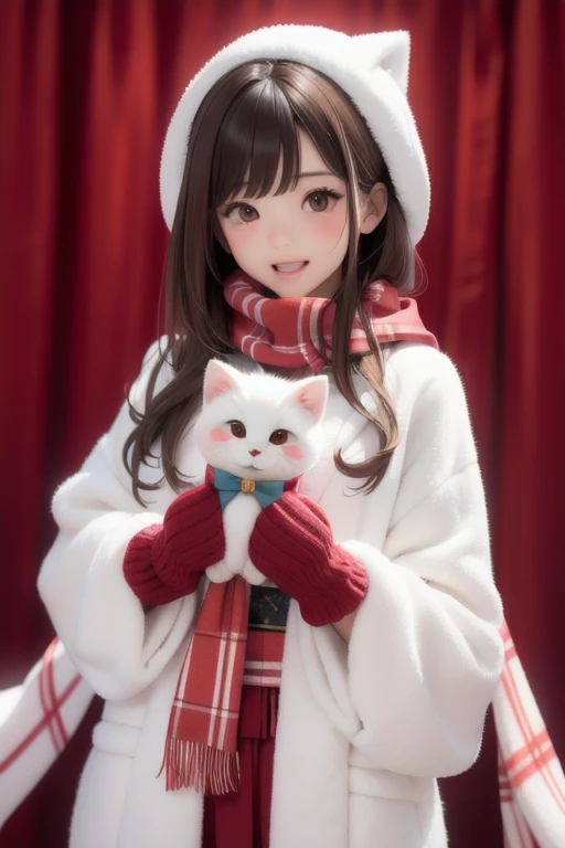 KM, 1 girl, Ascot, blush, a gift, Brown eyes, Brown hair, hair a gift, hair tubes, japanese clothing, long hair, mittens, unconventional miko, Hour-long drawing task, open mouth, portrait, red a gift, red mittens, scarf, sidelocks, simple background, One, White background, yellow Ascot, yellow scarf