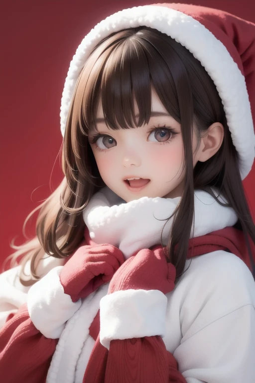 KM, 1 girl, Ascot, blush, a gift, Brown eyes, Brown hair, hair a gift, hair tubes, japanese clothing, long hair, mittens, unconventional miko, Hour-long drawing task, open mouth, portrait, red a gift, red mittens, scarf, sidelocks, simple background, One, White background, yellow Ascot, yellow scarf
