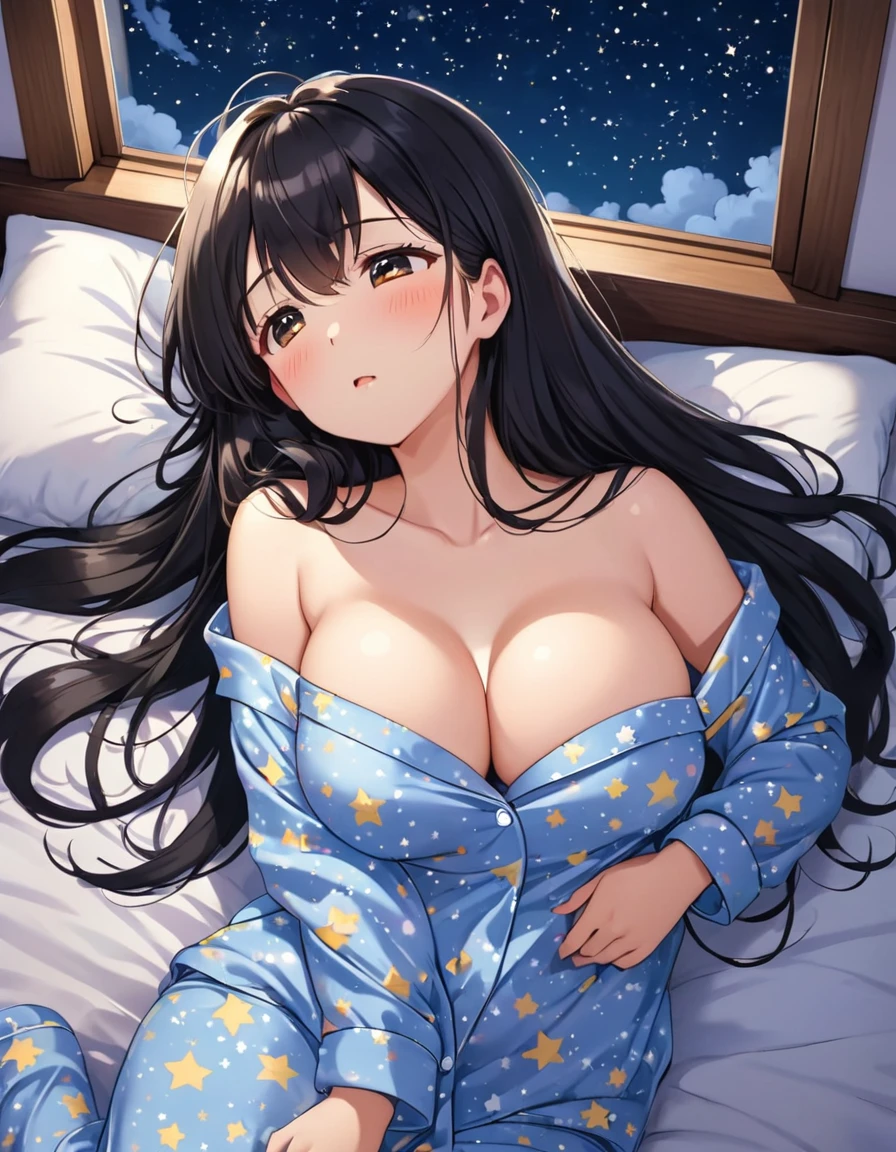 Girl,cute,cute,From above,Chest to head,Look up here,Embarrassed,Straight Hair,Long Hair,Black Hair,big breast photos,looking at the camera,Sleepy look,Lying in bed,Bedroom,night,Starry Sky,pajamas