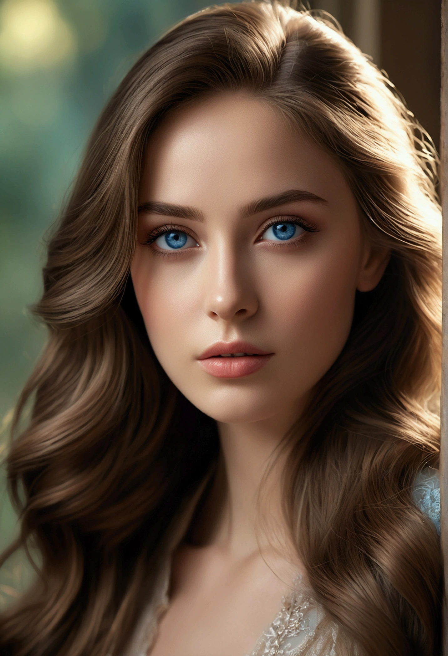 a beautiful woman, 1girl, detailed face, beautiful blue eyes, long eyelashes, elegant nose, full lips, flawless skin, long silky hair, serene expression, graceful pose, natural lighting, warm color tones, cinematic composition, (best quality,4k,8k,highres,masterpiece:1.2),ultra-detailed,(realistic,photorealistic,photo-realistic:1.37),portrait,chiaroscuro lighting,dramatic shadows,muted color palette