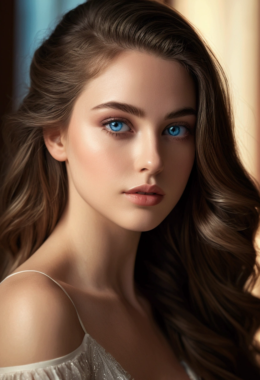 a beautiful woman, 1girl, detailed face, beautiful blue eyes, long eyelashes, elegant nose, full lips, flawless skin, long silky hair, serene expression, graceful pose, natural lighting, warm color tones, cinematic composition, (best quality,4k,8k,highres,masterpiece:1.2),ultra-detailed,(realistic,photorealistic,photo-realistic:1.37),portrait,chiaroscuro lighting,dramatic shadows,muted color palette