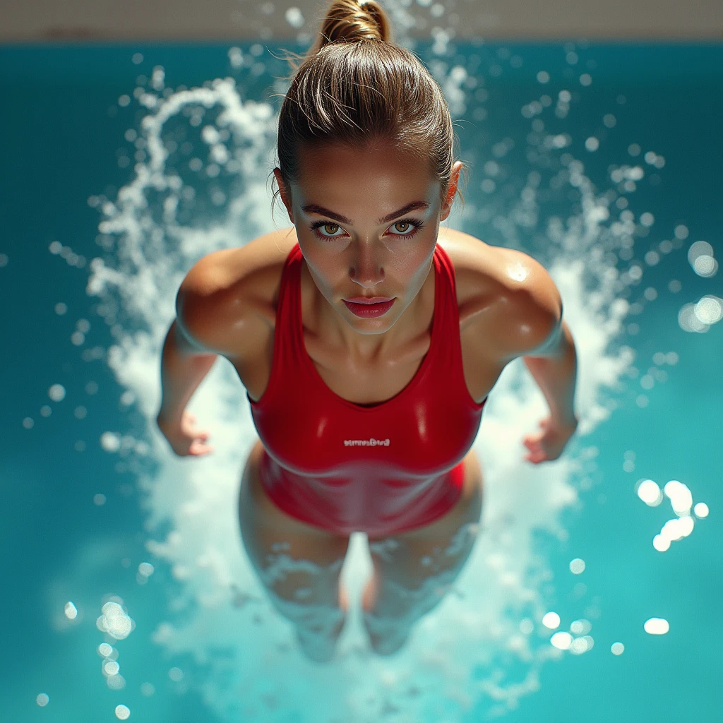skin-tight Red swimsuit,((Head Down position)), (realistic high diving female athlete), 10m diving platform, beautiful Reflective eyes, beautiful detailed lips, extremely detailed face, elegant diving pose, graceful movements, splashing water, sunlight reflecting on water surface, dramatic lighting, cinematic composition, vibrant colors, photorealistic, (best quality,4k,8k,highres,masterpiece:1.2),ultra-detailed,(realistic,photorealistic,photo-realistic:1.37),HDR,UHD,studio lighting,ultra-fine art,sharp focus,physically-based rendering,extreme detail description,professional,bright colors,bokeh, Motion blur