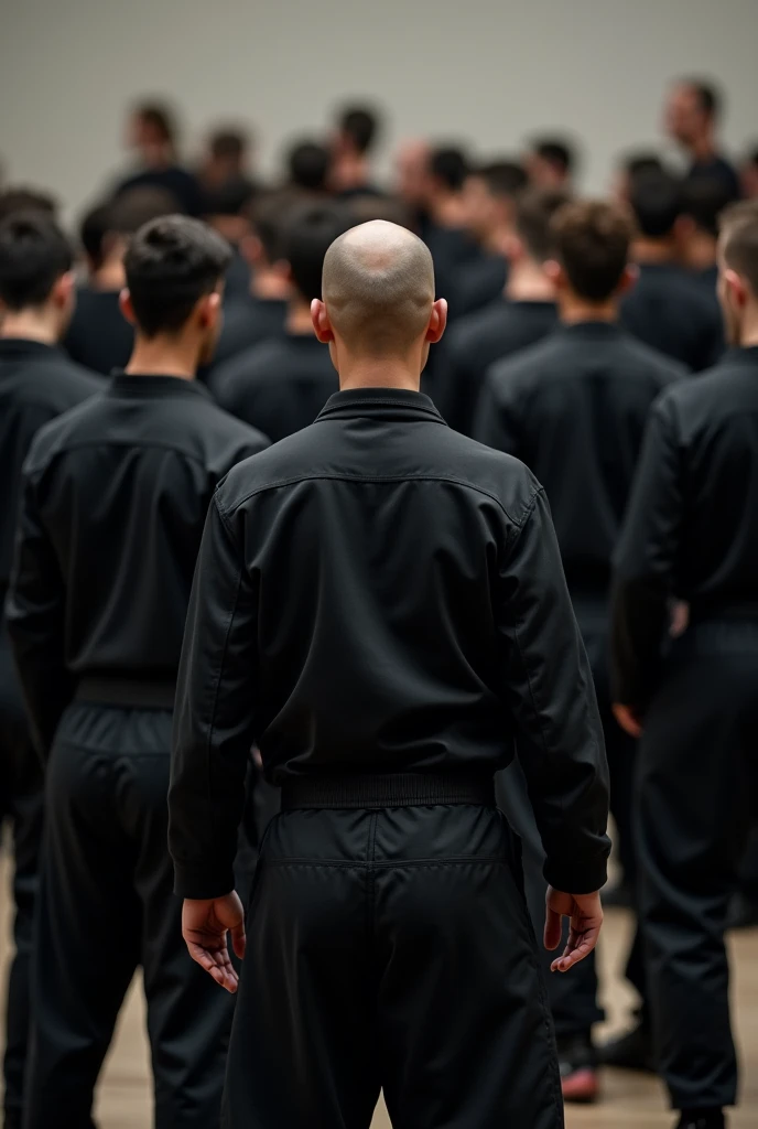 A group of 22 people dressed in black from the back with a black Krav Maga belt