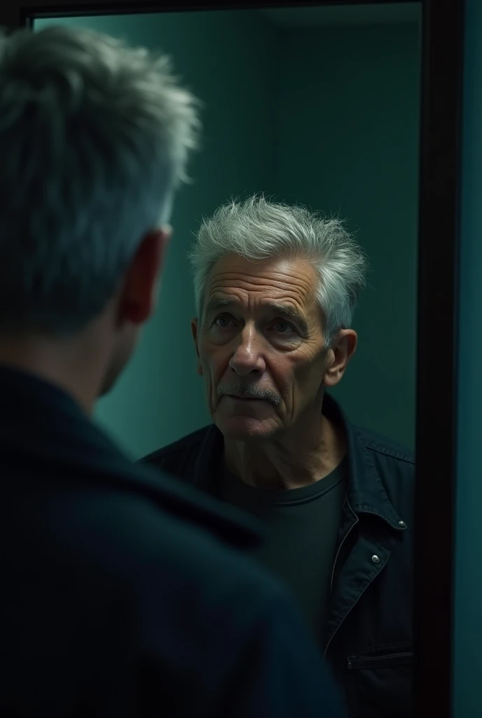 A realistic picture of a young man looking in the mirror and seeing himself as he has become an old man with gray hair appearing on his head (cinematic lighting), (ambiguity), (darkness), (sad scene),