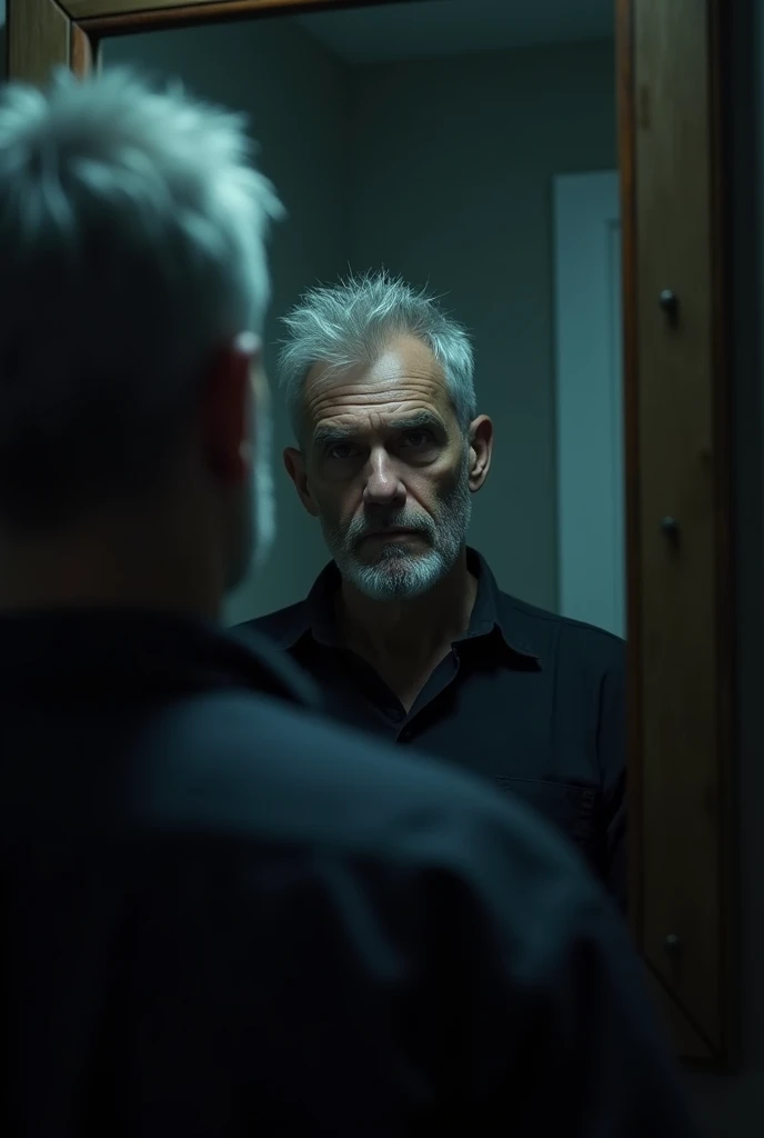 A realistic picture of a young man looking in the mirror and seeing himself as he has become an old man with gray hair appearing on his head (cinematic lighting), (ambiguity), (darkness), (sad scene),
