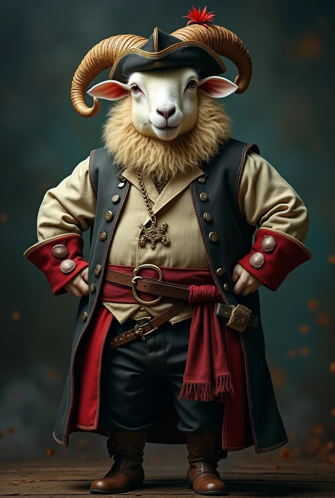 Create a cinematic poster, photorealistic portrait of Dressed animals - a ((fat)) sheep pirate,(hands on hips:1.2),(), high quality,(lovely) ,intricate details, highly detailed (( pirate costume)), wearing pirate hat and boots , highly detailed pirate equipment , (happy), studio lighting,(flurry),(The background should be dark and gritty, with smoky or grunge textures),place the text "Pirate of vegetarian" in large, bold, distressed letters, in a sheep pirate font. The text should have a cinematic style,