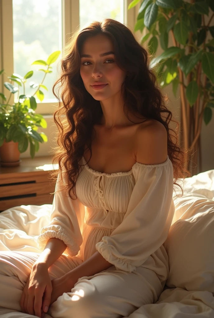 (photorealism:1.2), beautiful woman, sitting on bed, wearing loose off-shoulder top, pajama pants, long curly hair, indoors, soft lighting, plants in background, window with sunlight, cozy room, relaxed pose, realistic, intricate details, warm colors, by Greg Rutkowski, by Alphonse Mucha