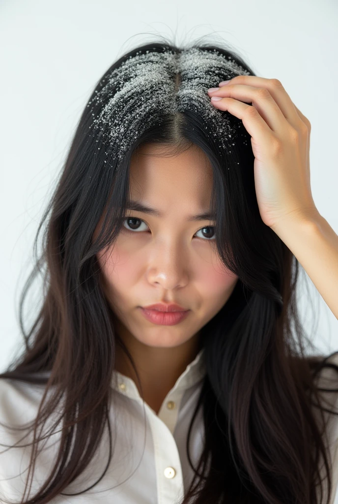 Create an Asian long-haired beauty,Dress conservatively,One hand scratching scalp,There is hair loss in the other hand,There is a lot of dandruff on the top of the head,White fine dandruff on the top of the head,The expression is unhappy,The characters are realistic and realistic,Pure white background,9:16 frames,Ultra-high-definition picture quality