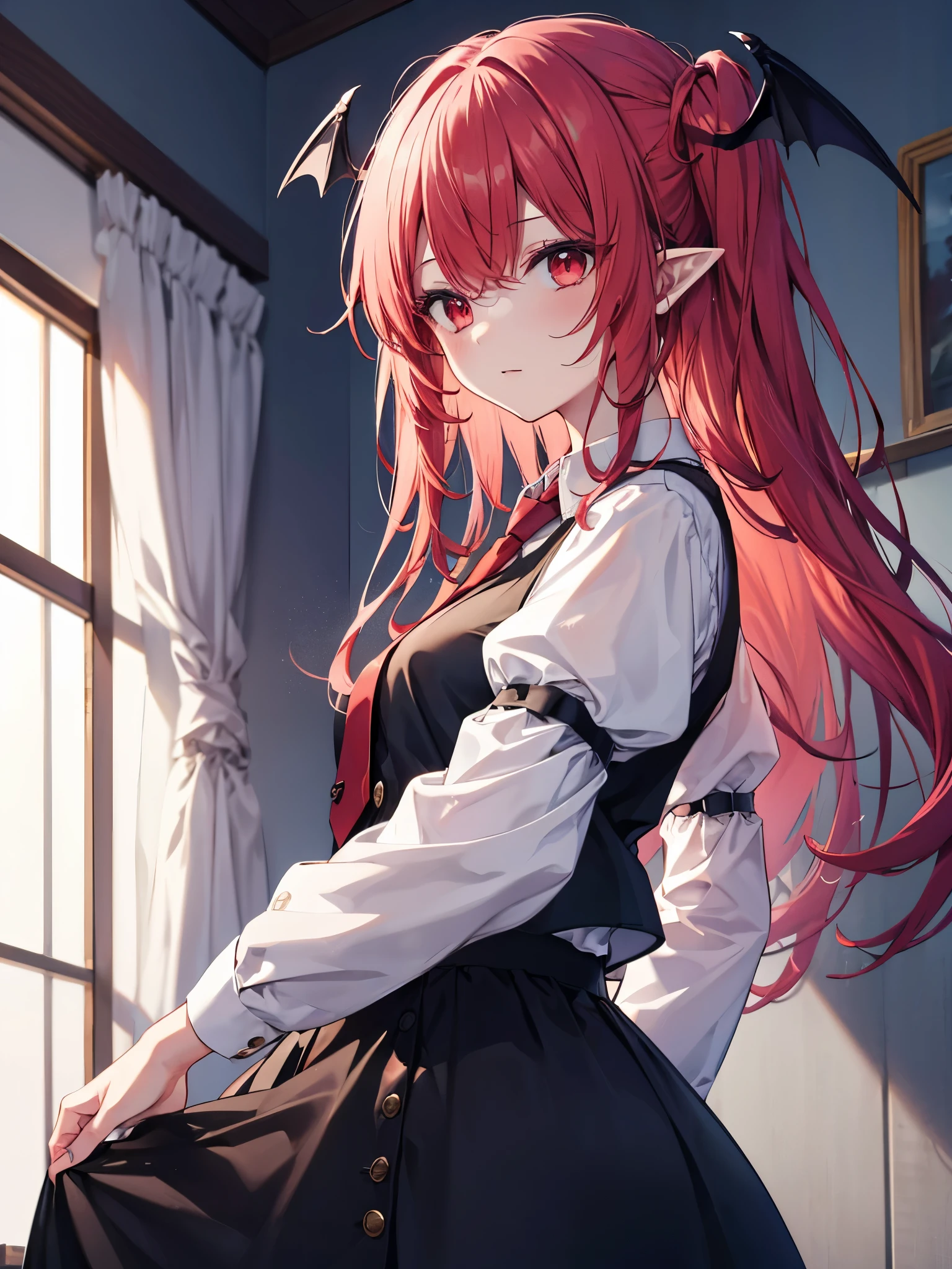 1girl, koakuma (touhou), red eyes, long hair, red hair, sidelocks, pointy ears, demon wings, head wings, white shirt, collared shirt, juliet sleeves, long sleeves, black vest, red necktie, black skirt, skirt set, black dress, buttons