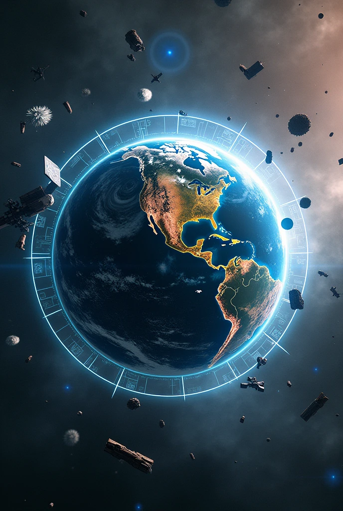 A futuristic earth with a protective energy shield blocking space debris like defending space junks. So you should add some space debris also then only we will understamd earth is protecting itself from space junks that is orbiting around it