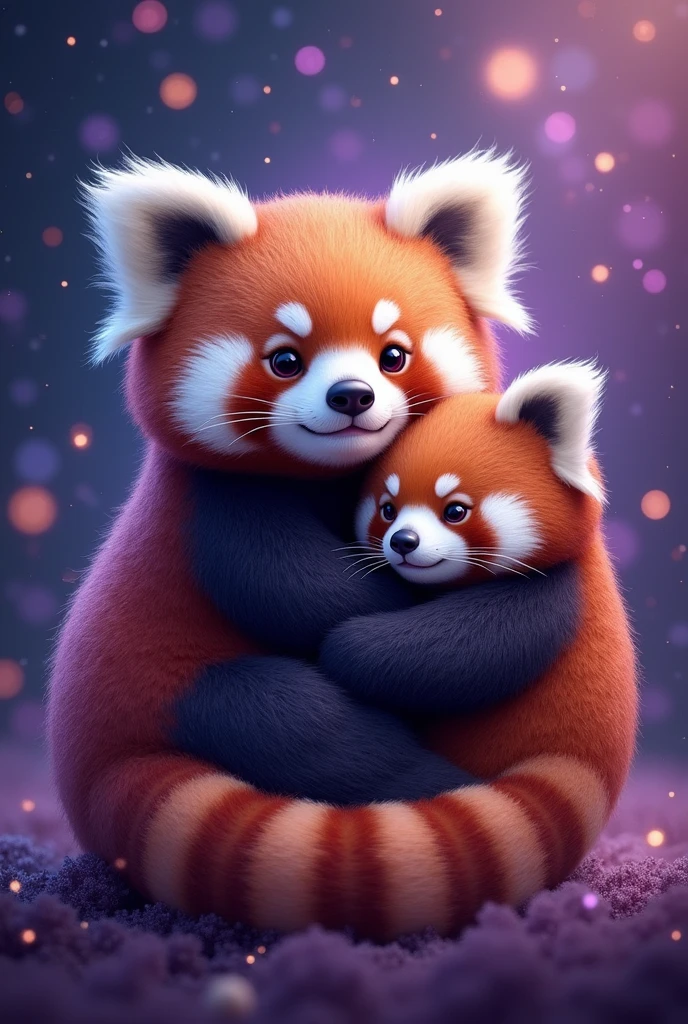 Cute and fluffy chubby purple glitter panda, cuddling with an extra cute red panda, galaxy background