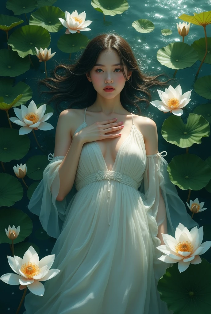 (Close-up of a better masterpiece:1.5)0.9], Of course! a painting  digital art,The image depicts a person submerged in water up to their chest, surrounded by white lotus flowers and green lotus leaves. The individual is wearing what appears to be a flowing, transparent gown, and one delicate hand is placed over her chest. The water has ripples and reflections that suggest movement, adding a dynamic quality to the scene. The overall mood of the painting is serene and somewhat mystical, with the dark color palette contrasting with the bright white of the lotus flowers.