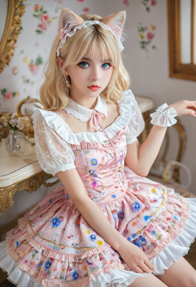 Millefiori glass style,exquisite details, 8k Photo, Surrealism, Professional lighting, realistic background, visual depth, blur background, Wide-angle lens, whole body, (13 years old, Lovely, Change, flat chest, Cat ears), 1 Girl, Colored eyes, Blonde hair, (Lolita Fashion: 1.5), (Lace, Ruffled shirt, White petticoat, sports shoes), (plush toys), pink Lovely backpack, street, Fashion