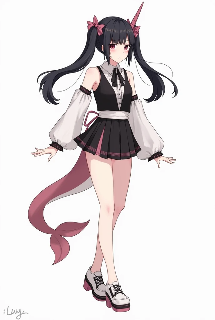 black hair, light pink accessories and clothes, black accessories and clothes, pale, hair ribbons, accessories, jirai kei, one narwhal horn, one narwhal tail, emo accessories, character reference sheet, skimpy clothing, Jirai Kei/Landmine Fashion, black hair