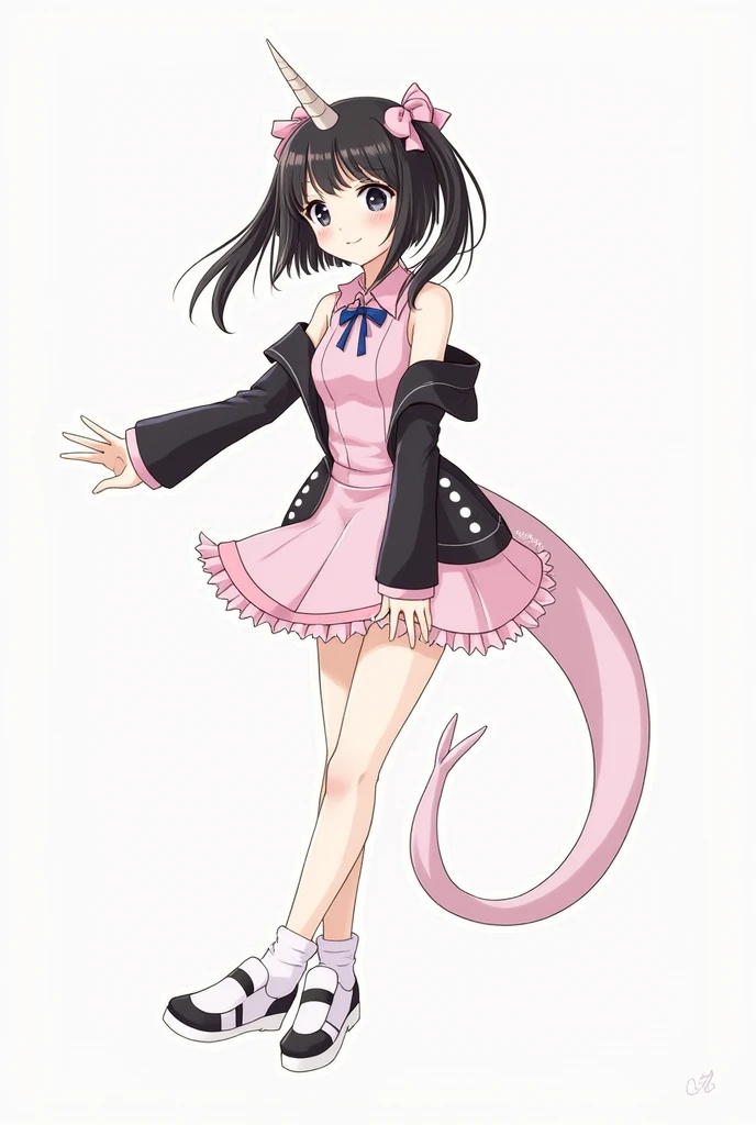 black hair, light pink accessories and clothes, black accessories and clothes, pale, hair ribbons, accessories, jirai kei, one narwhal horn, one narwhal tail, emo accessories, character reference sheet, skimpy clothing, Jirai Kei/Landmine Fashion, black hair