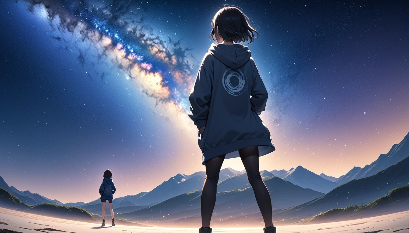 Starry Sky、milky way、A woman at the center、Black Hair、Short Hair、Hair blowing in the wind、Wearing a hoodie、Back view、Standing with your legs apart、Place your right hand on your hip、Raise your left hand and extend your index finger