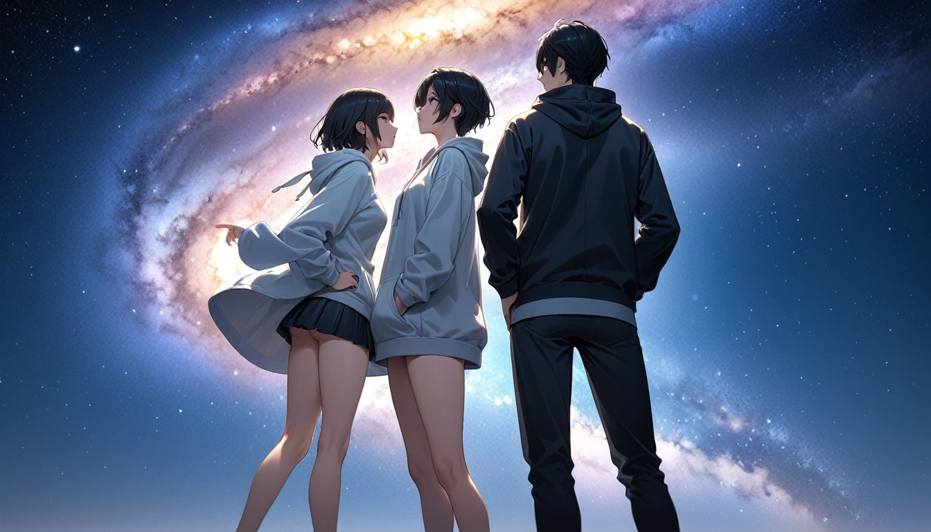 Starry Sky、milky way、A woman at the center、Black Hair、Short Hair、Hair blowing in the wind、Wearing a hoodie、Back view、Standing with your legs apart、Place your right hand on your hip、Raise your left hand and extend your index finger