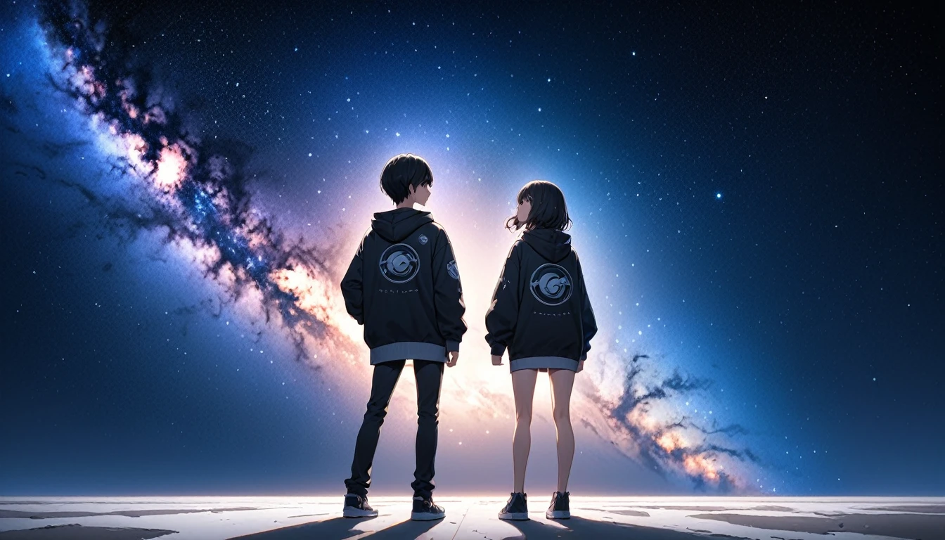 Starry Sky、milky way、A woman at the center、Black Hair、Short Hair、Hair blowing in the wind、Wearing a hoodie、Back view、Standing with your legs apart、Place your right hand on your hip、Raise your left hand and extend your index finger