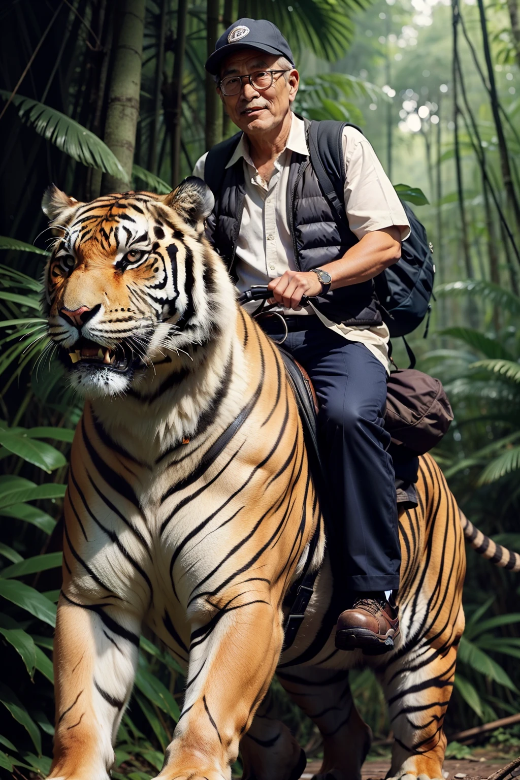 A 70-year-old Japanese man wearing thin-rimmed, square glasses, riding a gigantic tiger through the jungle. He is dressed like an explorer. The tiger is extremely large. The scene is viewed from a slight angle in front. The appearance is highly detailed. The man is beardless, smiling, has short gray hair, and is wearing a hat.