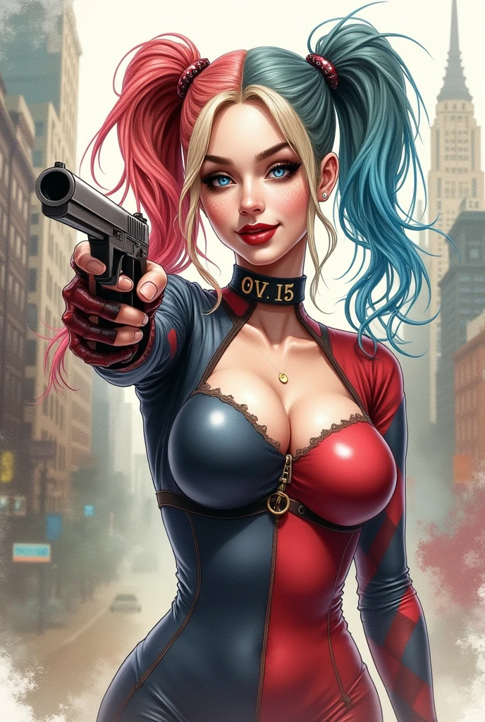 Steampunk style watercolor painting of Harley Quinn, a sassy girl holding a mountain, aiming forward, with her boyfriend Joker hiding behind her, a small street background in New York City, mixed with splashes of color, sexy, seductive, charming, big breasts