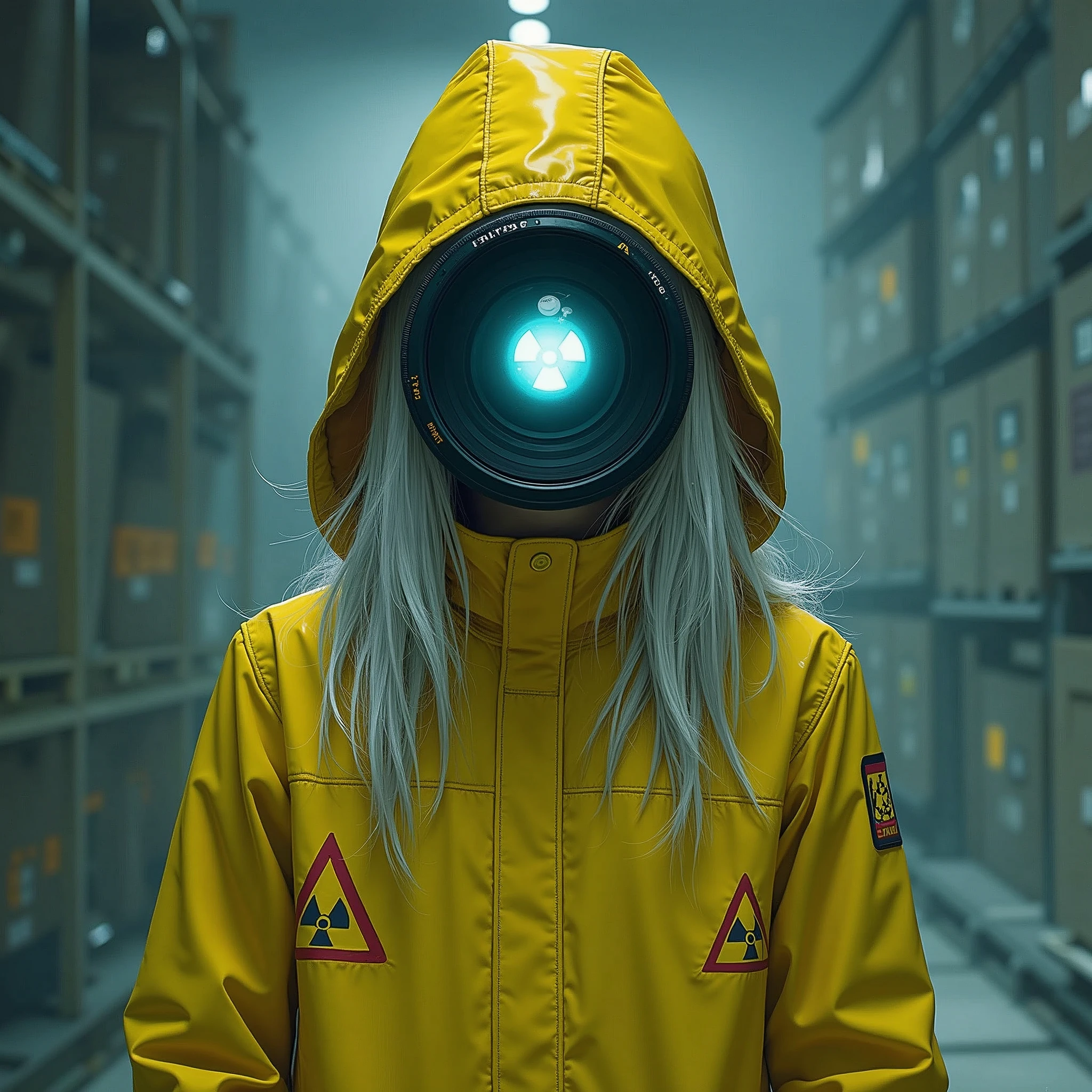 in style of Charles Courtney Curran
character concept design,1 face-makeover manga girl,wearing a yellow raincoat,a big photographic lens replacing the girl's whole face,
BREAK
(mid-shot, full body, long silver hair peeking out from under the hood of the raincoat, with a sign of nuclear danger on the raincoat, and a fluorescent halo on the surface of the lens.)
more details,more shadows,gravure_pose
BREAK
she's exploring the 1 abandoned nuclear facility,her lens sparkles,she moves with great care,nuclear storage boxes everywhere