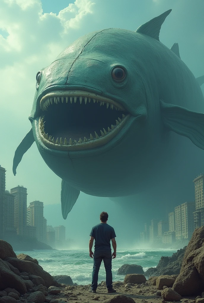 a man standing in front of of a giant fish crature trying to destroy a city
#landscape