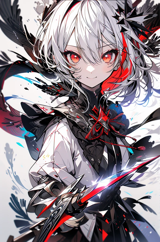 Create a woman with white hair and a kusarigama in her hands with a coat covered in blood.