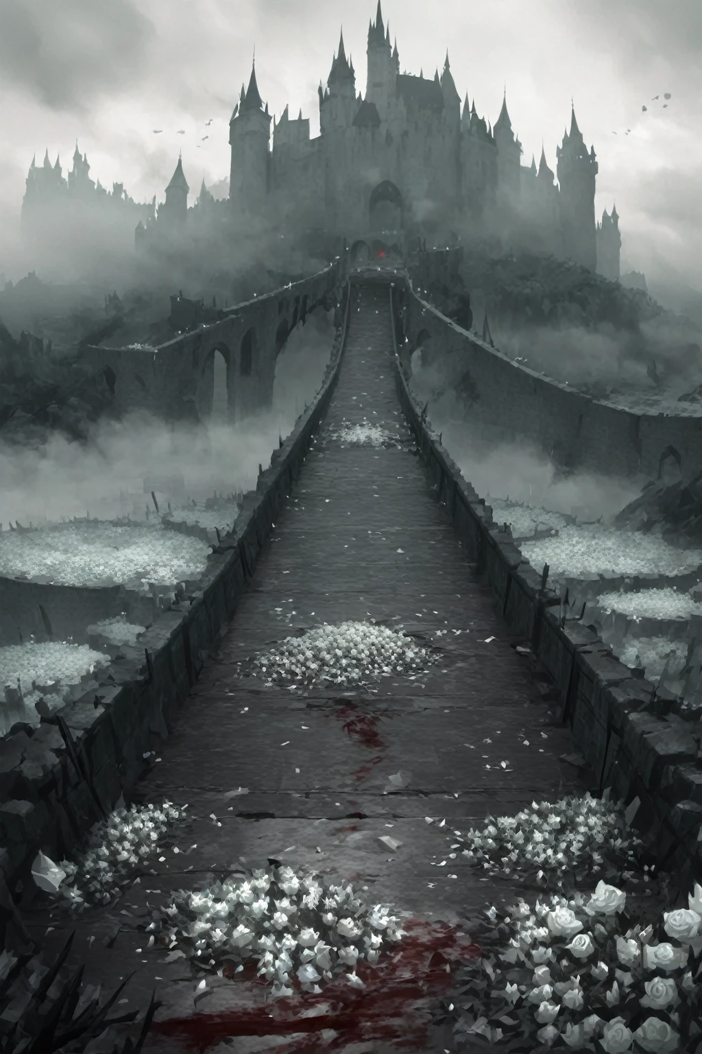 Big Wide Bridge, castle in the background, haze, brutally excessive, fallen knights, corpses, karo, blood on the bridge, white flowers under the bridge, stunning landscape (dreamy landscape)
