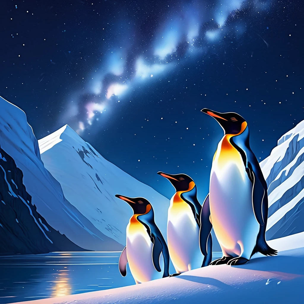An illustration, Penguins looking up at the starry sky