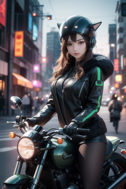 Highest image quality, outstanding details, ultra high resolution, (Realism: 1.4), best illustration, I prefer details, very tight 1 girl, with a gentle and beautiful face, dressed in black and green fur, in a mechanical helmet, holding a direction controller, riding a motorcycle, background - high-tech light scene of the city of the future.