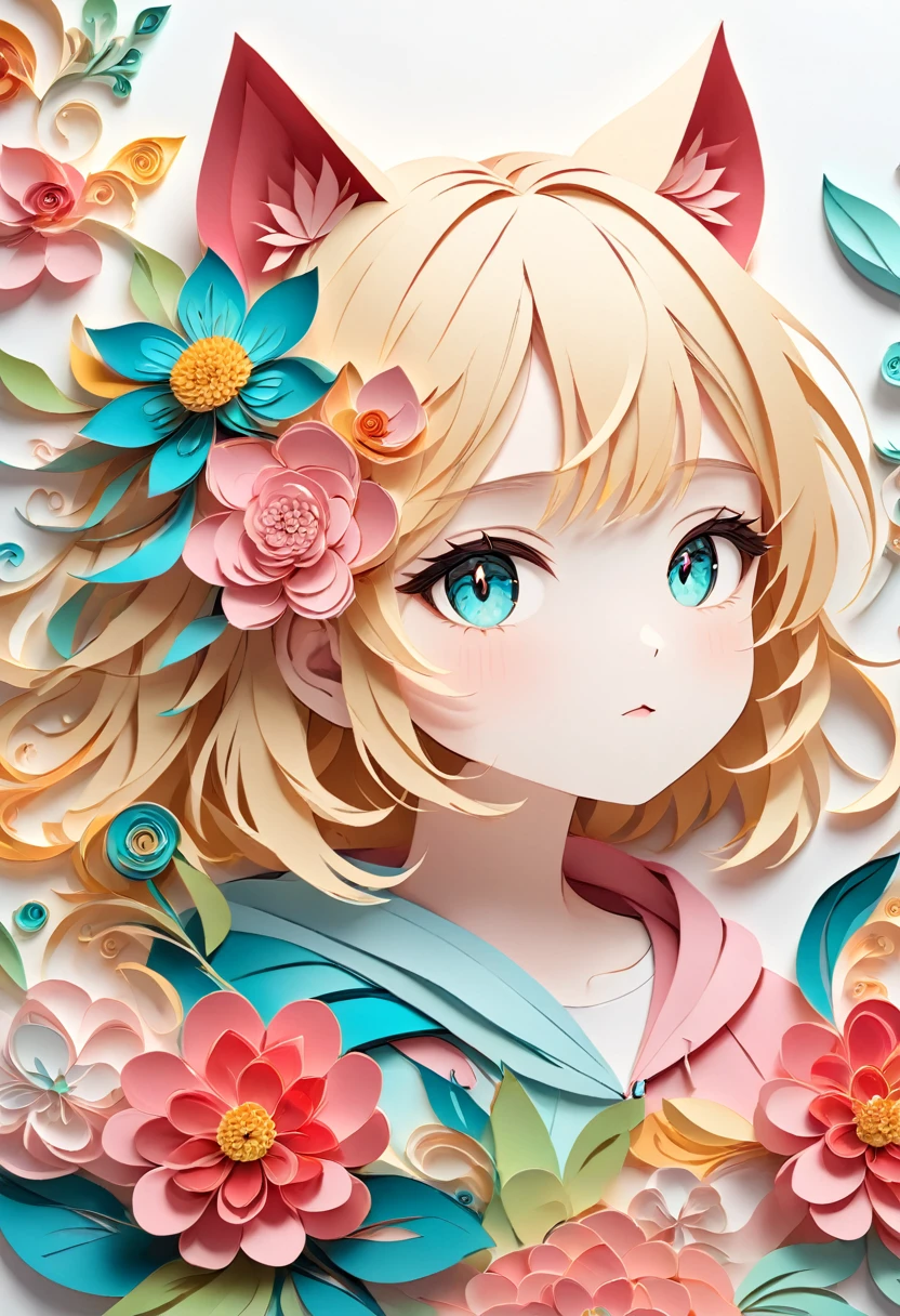 Paper cutting art,(Flat paper cutout,Paper Art,layered Paper Art,Paper Quilting, Digital Art),against a pure white background, girl,Blonde Hair Color、Cat ears of the same color as the hair、big flower hair ornament、Turquoise Eyes、Pink short sleeve hoodie、(Attention to detail, masterpiece, Highest quality, Ultra-high resolution)