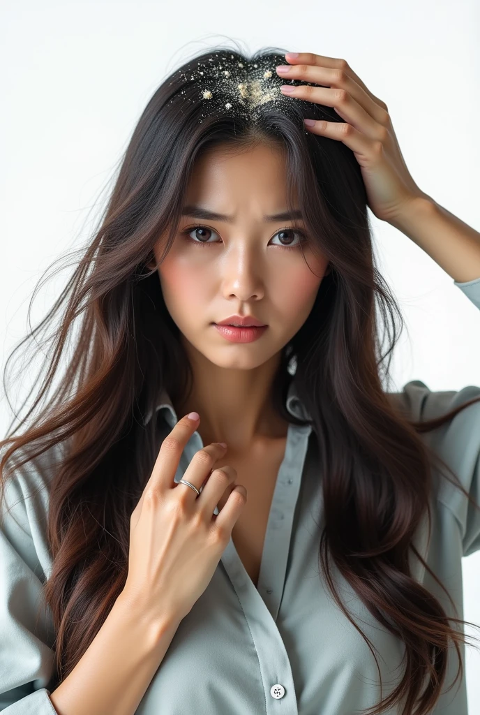 Create an Asian long-haired beauty,Dress conservatively,One hand scratching scalp,There is hair loss in the other hand,There is a lot of dandruff on the top of the head,White fine dandruff on the top of the head,The expression is unhappy,The characters are realistic and realistic,Pure white background,9:16 frames,Ultra-high-definition picture quality