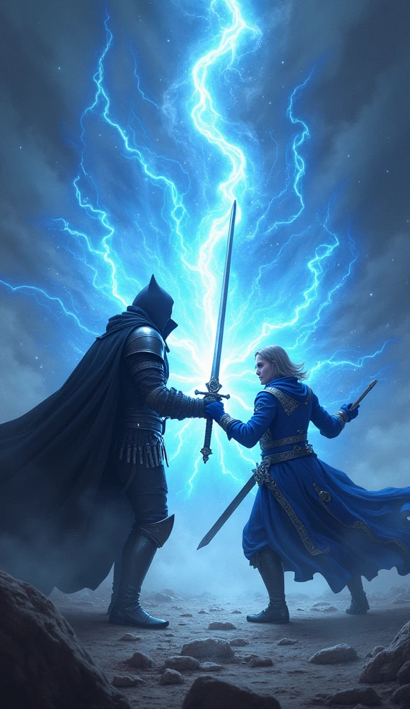 "In a climactic showdown, Voltex, the dark knight in his imposing black coat and cursed sword, and Mirage, the male sorcerer in a blue robe with silver embroidery, combine their powers to defeat Chaos. Voltex's dark sword energy and Mirage's blue magical vortex merge into a brilliant beam of light. Chaos, shrouded in darkness and wielding a cursed sword, is illuminated by the combined forces of Voltex and Mirage. The scene is filled with intense light and shadow, as their unified attack pierces through the darkness and overwhelms Chaos, bringing hope to the world."