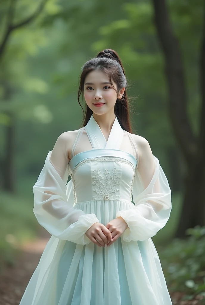 Best picture quality, very detailed, very high resolution, perfect body proportion, top photographer's work, beautiful girl, (best picture quality, masterpiece: 1.2), super detailed, single selfie, 
(transparent hanbok transparent korean traditional clothing), super thin hips, super thin waist, slender legs, snow white skin, (transparent hanbok transparent korean traditional clothing) 
Full Body Shot, (Transparent Korean Costume Transparent Korean Traditional Costume), Ultra Thin Hips, Ultra Thin Waist, Long Thin Legs, Snow White Skin, Big Breasts, Snow White Belly, Belly Button, 
Bare Shoulders, ((Visible Breast Grooves)), Exposed Long Legs, Face In Focus, Standing In The Forest.