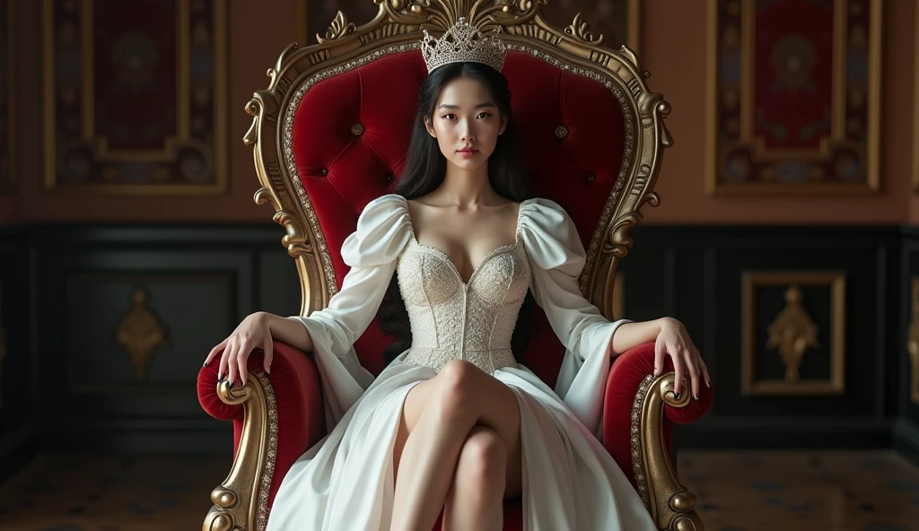 Queen, sit on the throne, legs apart,front view,Asian race, HD faces, white skin,full body,see the foots, plump breasts,thin figure, sexy, clear details, HD, 16k