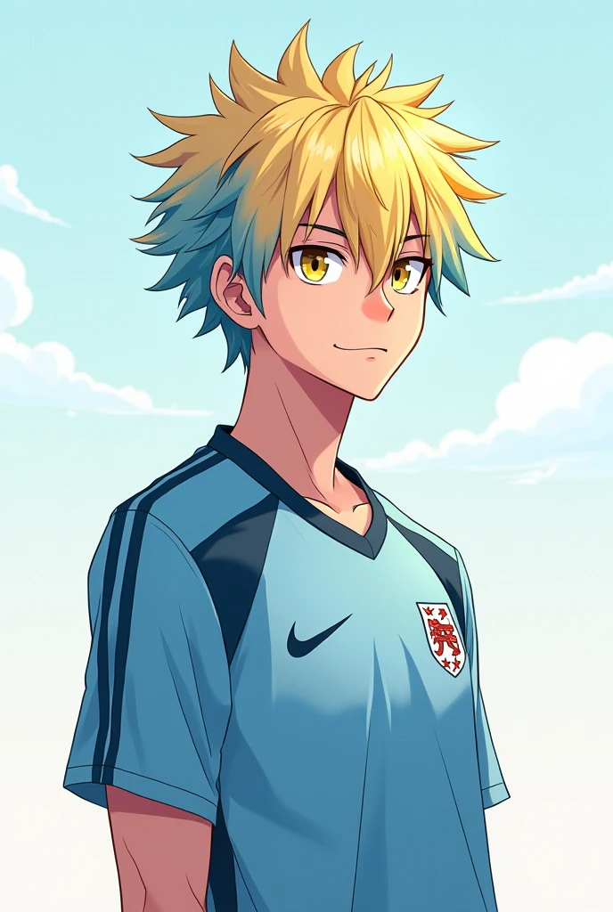 1boy,blonde hair, [(gradient hair from blue to blonde:1.5):0.4], footballar,slant eyes,long hair,25 years old,hime cut,｛｛center part｝｝,cel anime