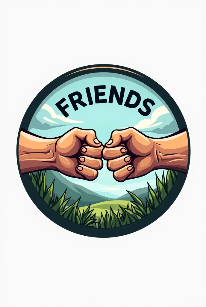 I want logo in circle in that circle two hands punching together write FRIENDS and In background hands down side nature upper side sky