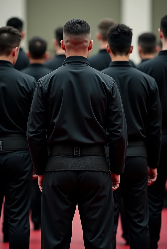 A group of 22 people dressed in black from the back with a black Krav Maga belt
